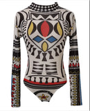 Women Bodysuits Ethnic Sexy Long Sleeve Shirt Jumpsuit Bodysuit Stretch Leotard Slim Print Bodycon Summer Bodysuit Tops-Outfit