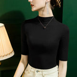 Modal Tshirt Top Women Half Sleeve Turtleneck T-shirts Tees Girl Solid Slim Basic Undershirt T shirt-Outfit