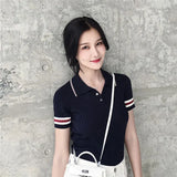 Fongt Blue Temperament T-Shirt Girl Summer New Ice Silk Slimming Chic Retro Collar Short Sleeve