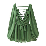 Fongt Summer Out-The-Shoulder Lantern Long-Sleeved V-Neck Dress Sexy Showy Multi-Colored Skirt Woman