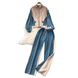 Fongt Suit Women's Port Wind Casual Colliding Color Splicing Collar Zipper Fake Two-Piece High-Waisted Cowboy Broad Leg Trousers