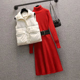 Autumn Winter Warm Knitted Turtleneck Sweater Dresses And Thick Vest Suits For Women Elegant Two Pieces