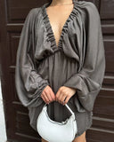 Fongt New V-Necked Long-Sleeved Dress Independent Design Bubble Sleeve Dress
