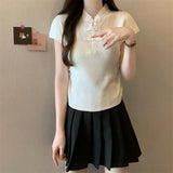 Chinese Buckle Design Positive Shoulder Short Sleeve Knit Shirt Girl Summer Thin Temperament With Short Cheongsam