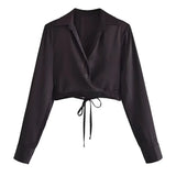Spring New Women's Clothing Design Versatile Temperament Polo Long-sleeved Slim Silk Satin Texture Short Lace-up