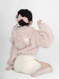 Kawaii Hoodies Womencute Pink Cat Embroideery Plush Cropped Ears Hoodie Korean Style Sweatshirt Y2k Short Pullover Tops-Outfit