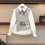 Ladies Elegant Two Pieces Sets Autumn Long Sleeve Patchwork Top And Long Trousers Suits Korean Casual