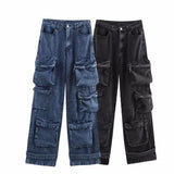 Fongt Women's Loose Jeans 2025 Spring French Retro Casual Multi-Pocket High-Waisted Trousers