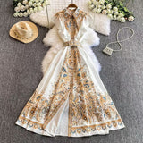 Fongt Famous Collar Small Flying Sleeves To Close The Waist Single Buckle Print Dress Female Thin Elegant Temperament Dress