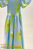 2023 Women's slim dress bubble sleeve summer net red print dress holiday
