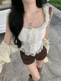Fongt Temperament Babes White Slings Summer New Wear Lace Sexy Vest Short Sleeveless Top