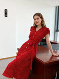 Fongt Red Dot V-Neck Women's Short-Sleeved Dress Summer Single Buckle Tie With Thin A-Word Mid-Long Dress