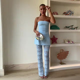 Fongt Summer New Women's Breasts With Thin Blue Hollow Trousers Set