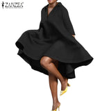 Summer Lapel Dresses ZANZEA Party Casual Robe Female Vintage Pleated Vestido Oversize Elegant Solid Knee Length
