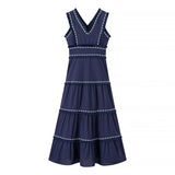 Fongt Summer New Women's Retro V-Neck Sleeveless Lace Splicing Tuxedo Long Dress