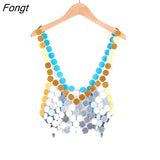 Shiny Sequined Tops for Women 2022 Fashion Hollow Out Metal Female Clothing Shoulder Strap Sexy Backless Mesh Tank