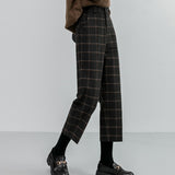 Woolen Plaid Autumn Winter Women's High Waist Formal Straight Pants Loose Ankle-Length Pants Female Boots Pants Plus