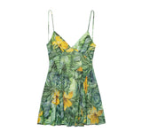 Fongt 2025 Spring New Women's Printed V-Necked Suspension Short Dress 5039132