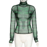 Ruffle Striped Turtleneck T-Shirt Women Autumn See-Through Patchwork Skinny Club Streetwear Harajuku