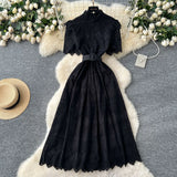 Fongt Lady Dress 2025 Summer Waists Slim Collar Short-Sleeved Hollow Hook Embroidery Single Row Buckle Dress