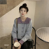 Fashion Sweet Cardigan Women Chic Peter Pan Collar Heart Button Hit Color Long Sleeve Knitted Sweater Coat Cute Loose Top-Outfit