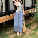 Fongt Flower Hoisted With Slings With Blue Half-Dressed Women 2025 Summer New Holiday Style Sweet And Spicy Two Sets