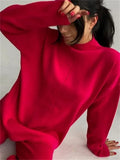 Women Knitted Suit Warm Solid Split Pullovers and Wide Pants Two-piece Suit Female Half Turtleneck Oversize Tracksuit-Outfit