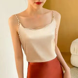 Silk Acetate Beading Solid Halter Top Pearl Spaghetti Camis Backless Elegant Fashion Office Lady Women's Tank