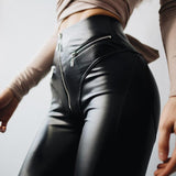 Futuristic Peach Hip Tight High Waist Leather Zipper Motorcycle