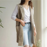 Single-breasted Loose Simple Vest Jacket White 2020 Autumn Spring Sleeveless Suit Waistcoat Linen Long Coat Female