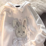 Kawaii Harajuku Pink Cartoon Rabbit Print Oversize Hoodies Women Gothic Black Long Sleeve Pullover Female
