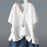 Fongt Summer New Solid Color Buffet Short-Sleeved V-Neck T-Shirt Women Irregular Large Cotton Loose Leisure
