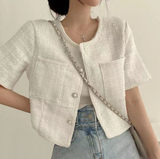 Chic O-neck Double Pockets Coat Women Summer Pearl Button Breasted Jackets Loose Short Sleeve Tweed Jacket-Outfit
