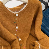 Fongt Retro Wavy Collar Color Button Design Knitted Cardigan Women Loose Soft-Creative Sweater Jacket Autumn