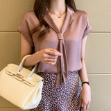 Summer Short Sleeve Chiffon Shirt Women V-neck Tie Solid Loose White Blouses And Shirts Korean Plus Size Women Tops