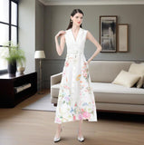Fongt Women's Dress 2025 Holiday Style Suit Collar Sleeveless Lace Floral Print Long Dress