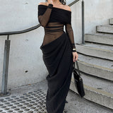 Fongt Summer 2024 New Long Dress Temperament Sexy Shoulder Mesh Yarn Hollow Dress
