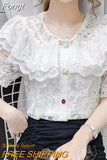 Embroidery Lace Chiffon Blouse Women 2023 Fashion Beading Shirt Tops Ruffles Korean Floral Peter Pan Collar Clothes