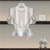 Women Summer Elegant Two Pieces Set Office Ladies Elegant Ruffles Patchwork Lace Up Tops And Split Flare Long Pants Sets