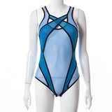 2023 Mesh Hollow Out See Through Bodysuit Women Summer Purple Patchwork Bodys Sexy Swimwear Female Festival Outfit