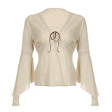 Fongt Fabric Splicing With V-Neck Horn Sleeve T-Shirt Woman 2025 Thin New Top Girl
