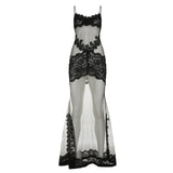 Fongt Women's Sexy Elegant Lace Splicing Sexy Perspective Pull-Up Slinged Dress 2025