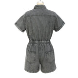 Summer Denim Short Jumpsuit Women Lapel Zipper Pockets Elastic Waist Retro Romper Palysuits Solid Overall Ladies
