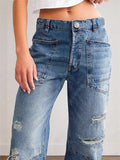 Fongt New Retro Hole Straight Trousers Casual Splicing Trousers Loose Jeans Woman