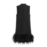 Fongt Sense A Dress 2025 Autumn New Standing Collar Sleeveless Solid Color Feathers Spliced Dress Dress Woman