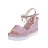New Women Wedge Sandals Summer Bead Studded Detail Platform Sandals Buckle Strap Peep Toe Thick Bottom Casual Shoes