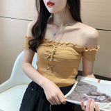 Slash Neck Cropped T-shirt Female Short Sleeve Sexy Knitted Laced Up Stretchable TShirts Crop Tops For Woman Summer-Outfit