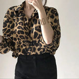 Fongt Chic Autumn Vintage Leopard Print Collar Single Buckle Loose Leisure Long-Sleeved Shirt Topess