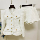 STREET 2022 New Designer Runway Suit Set Women's Gold Buttons Tweed Jacket Shorts