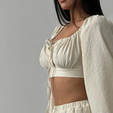 Fongt New Linen Chest With Lantern Sleeves In The Spring And Summer High-Waisted Long-Character Half Skirt Loose - M2869 White / S